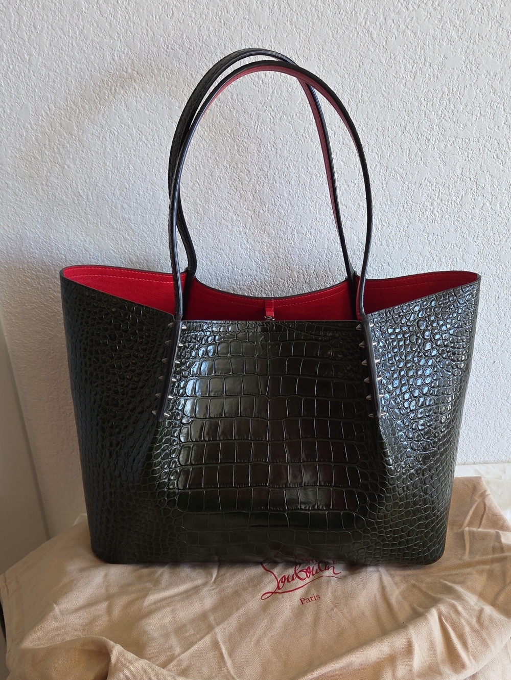 Christian Louboutin Cabarock Crocodile Embossed Tote with Red Lining